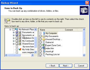 Items to Backup dialog box