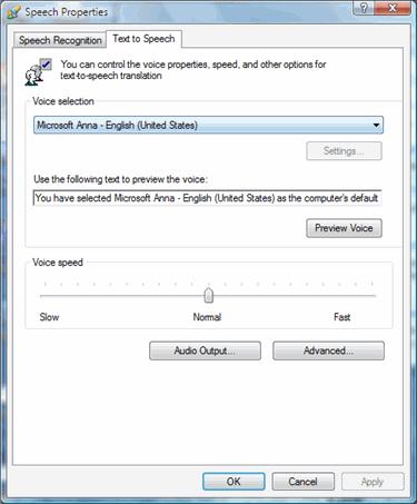 The Text to Speech properties let you determine how your 'voice' sounds