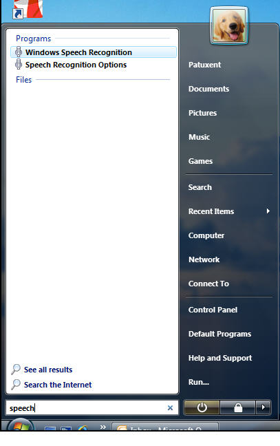 Use the search box in the Start menu to access the Windows Speech Recognition quickly and easily
